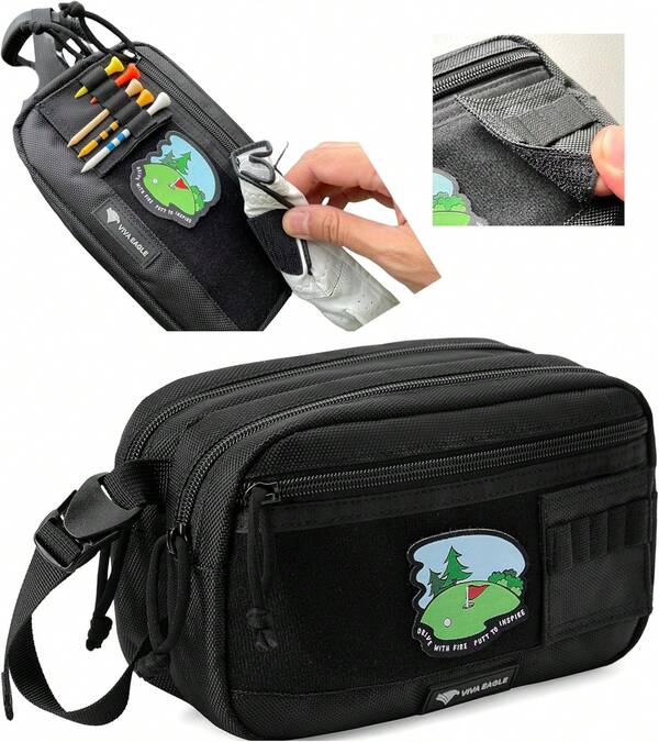 Golf Pouch Bag For Balls Accessories Valuables |   Customizable With Hook-And-Loop Panel |   Ideal Golfer Gift, Includes Tee-Holder And Motivation Patches