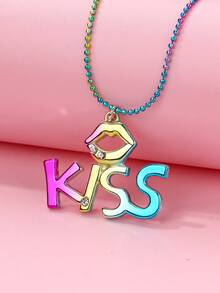 1pc Minimalist Fashion Vacuum Gradient Color Lip Letter KISS Pendant Necklace, Suitable For All Seasons/Gift/Holiday Wear For Kids - Multicolor - View 2