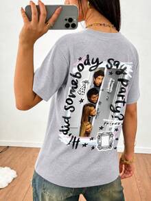 SHEIN X FRIENDS Summer Women Grey Double Sided Door Character Graffiti Letter Print Loose Casual Short Sleeve Tee - Light Grey - View 3
