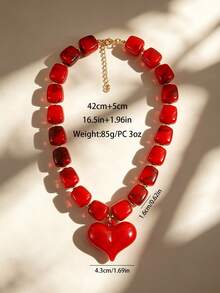 1pc European & American Bohemian Acrylic Geometric Square Multicolor Beaded Necklace With Heart Pendant, Women's Necklace For Summer Beach Vacation - Square Beaded Heart Necklace - View 6