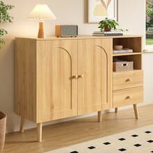 Modern Sideboard With Curved Doors, Wooden Handles, Wooden Legs - 自然的 - 查看 3