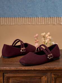 Women's Square Toe Low Vamp Burgundy Office Work Shoes Flat Mary Jane Ballet Shoes, Thermal Lined Warm Winter, Double Strap Buckle - Burgundy - View 6