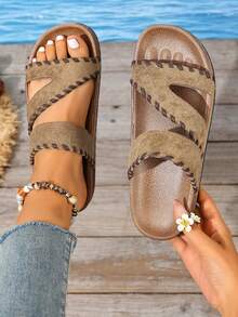 Vintage Distressed Suede Flat Summer Slides, Women's Casual Beach Holiday Outdoor Walking Comfortable Insole Sandals - Khaki - View 2