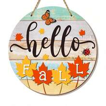 1 Stück "Hallo Herbst" rundes Holzschild, die perfekte Hängedekoration für Bauernhaus-, rustikale und Gartenumgebungen. Verziert mit Ahornblättern, Schmetterlingen und Marienkäfern, dient es wunderschön als zentraler Akzent für Kränze oder als eigenständiger Wandbehang - Mehrfarbig - Übersicht 5