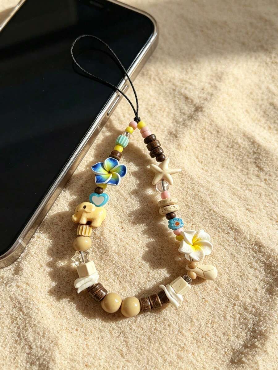1pc Vintage Color-Block Ceramic Elephant Phone Lanyard, Handmade Glass Flower & Star Vacation Style Anti-Lost Phone Chain (Due To Shooting Angle And Magnification, The Actual Object Size May Slightly Differ From The Photo), Phone Charm, Holiday Gift, Card Holder Charm