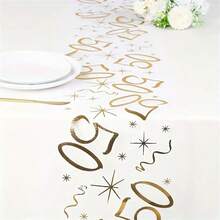 1pc Polyester Table Runner, 18/30/40/50/60/70th Birthday Applicable, 275*28cm, Gold Foil Mesh Design Table Runner, 18th Birthday Party Table Decoration, 40/50/60th Anniversary/Retirement Party Supplies, Birthday Party Tablecloth - 50 YEARS - View 8