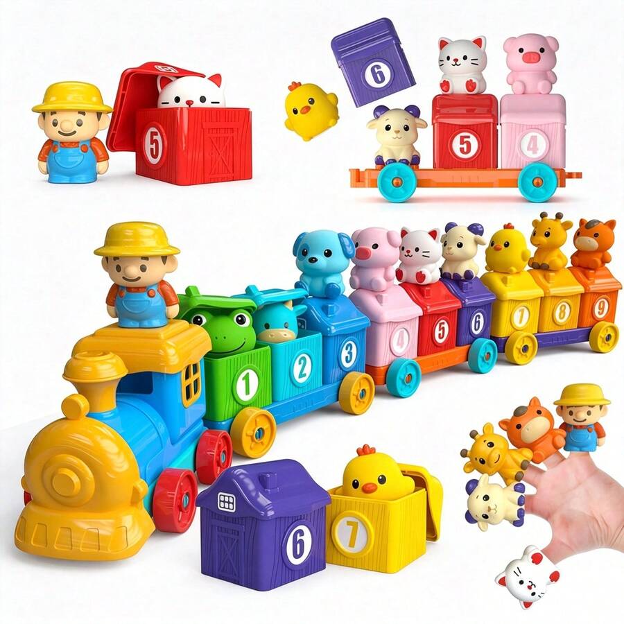 UINLE Baby Farm Digital Building Blocks Train Toy Set 1-9 Number Storage House Animal Finger Puppets Combination, Assembleable Tractor Building Blocks Car, Baby Math Cognition Early Education Educational Toy, Suitable For Boys And Girls 18 Months And Above, Parent-Child Interactive Gift - Multicolor - View 1