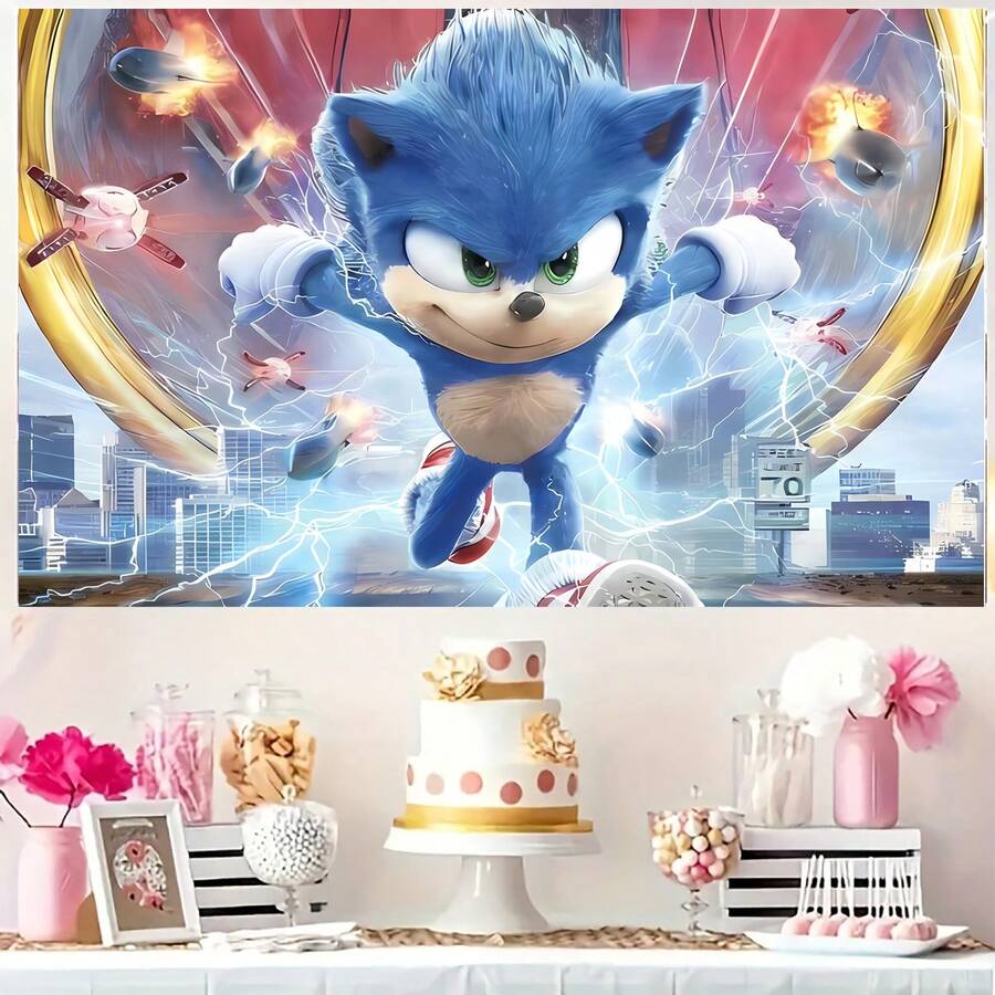 Authorized 1PC Healing Adventure Sonic Theme Birthday Party Decoration Backdrop (82.7x59.1/59.1x39.4/39.4x29.5 Inch), Suitable For Boys Girls Birthday Party Background, Children Newborn Cake Table Party Wall Decoration Banner, Outdoor Indoor Photography Photo Backdrop Props - Multicolor - View 1