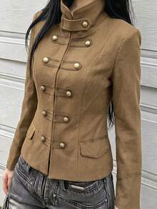 Napoleon Style Stand Collar Blazer, Slim Fit Jacket With Gold Decorative Buttons - Brown - View 12