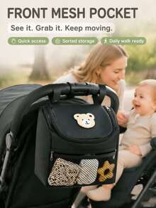 1pc Cute Bear Patch Baby Stroller Storage Bag, Multi-Function Diaper Organizer, Large Capacity Mom Essential - Multicolor - View 9