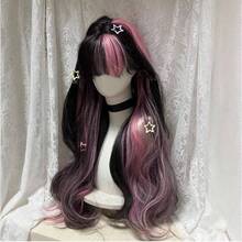 Women's Black Pink Highlight Double Ponytail Wig, Flat Bangs Long Wavy Artificial Fiber Full Hair Wig For Y2K Gothic Daily Cosplay Outfit - Only Wigs - View 4