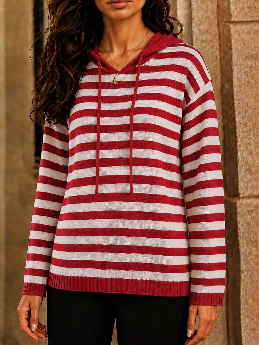Fashion Women's Knit Long Sleeve Striped Hooded Pullover Sweater - Red - View 1