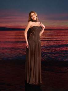 Elegant Brown Ribbon Decor Backless Lace-Up Bandeau Ultra-Long Mermaid Skirt Party Formal Dress 2-Piece Set - Brown - View 4