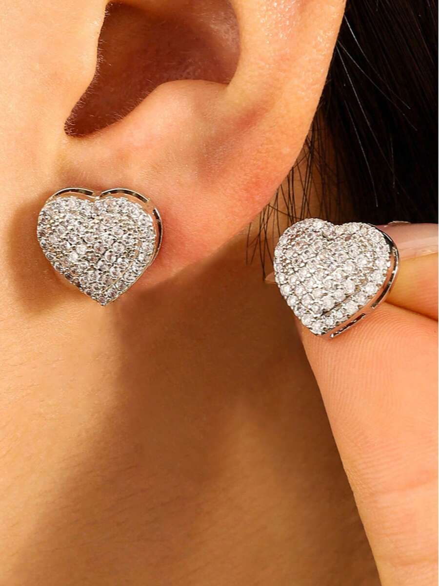 2pcs Luxury Fashion White Gold Plated Color-Preserving Round Cubic Zirconia Heart-Shaped Stud Earrings For Women Daily Wear/Holiday Gift - Silver - View 1