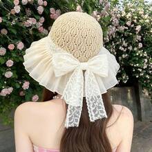 1PC/1set Women's Crochet Straw Lace Trim Bucket Hat - Lace Ruffle Decoration With Bowknot Embellishment, Wide Brim Foldable Lightweight Breathable, Summer Beach Vacation Hat, New Vintage Playful Fairy Style - Multicolor - View 8
