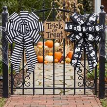 2 Rolls Halloween Ghost Pattern And Black & White Striped Ribbon Set - 6.3cm Width With Wire Edge - Suitable For Halloween Holiday Decoration, Gift Wrapping, Handmade DIY Bows, Quirky Theme Decor Ribbon - Black and White - View 5