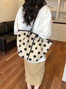Dedoo 女款波點帆布大容量托特包，對比色皮革飾邊寬肩帶購物包，法式休閒單肩包，適合購物、旅行、校園 - 白色 - 查看 2