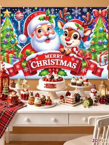 1Pc Christmas Backdrop Cloth With Santa Claus&Reindeer&Christmas Tree Design, Merry Christmas Hanging Background Cloth, Photo Booth Backdrop, Party Backdrop Banner, Backdrop Decoration, Christmas Decoration, Xmas Decor, Home Decor - Christmas a - View 7