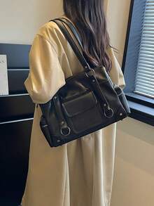 1件裝黑色荔枝紋PU復古機車風波士頓手提包，金屬環鉚釘裝飾，前口袋＋雙拉鍊側口袋，雙肩帶可肩背或斜背，大容量通勤旅行包 #BlackLitchiGrainPUBostonHandbag #MetalRingRivetDecorPurse #DualDetachablePUStrap - 黑色 - 查看 11