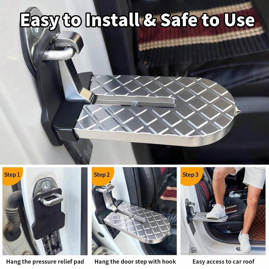 Foldable Car Door Step With Safety Hammer, Made Of Durable Aluminum Alloy Material And Anti-Slip Design, Suitable For Most Vehicles