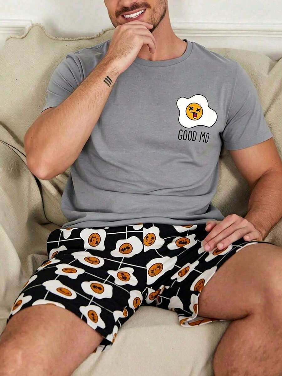 Men's Summer Pajama Set, Round Neck Simple Fried Egg Print Short Sleeve & Shorts Loungewear - Multicolor - View 1