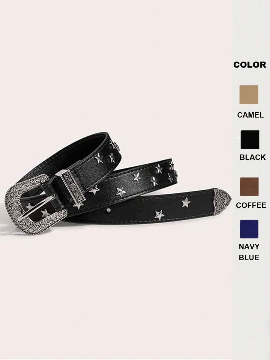 Star Studded Punk Belt, Vintage Distressed Buckle Waist Belt - Star Studs - View 1