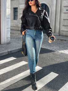 Jaket Pendek Kulit PU Ukuran Besar Wanita Model Vintage Bahu Jatuh Lengan Panjang dengan Sabuk Musim Gugur - Hitam gelap - View 8