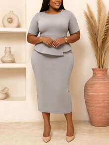 NOU Women's Mid-Length Dress, Basic Versatile Round Neck, Crisp Slim-Fit Short Sleeve, Simple Waist-Cinched Bodycon, Asymmetric Ruffle Design With Layered Texture, Waist-Flattering, Skin-Friendly Elastic Fabric, Comfortable And Convenient For Daily, Holiday, Commuting, Office Wear, Solid Color Elegant Fabric Ruffle Women's Mid-Length Dress, Holiday Wedding Office Daily Workplace Spring Autumn Spring Summer - Light Grey - View 6