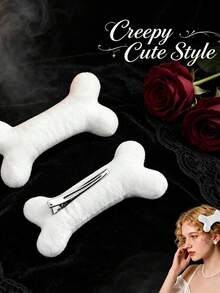 1/2pcs Skull Hair Clips - White Plush Dog Bone Shaped Alligator Clips, Suitable For Cosplay Parties And Halloween Hairstyles - Multicolor - View 2