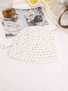 1pc Vintage Hollow Out Knitted Beanie, Pearl Pendant Headscarf, Vacation Style Mesh Cap, Boho Chic - Multicolor - View 10