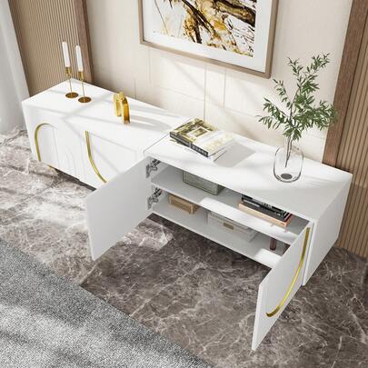 TV Stand With Shelves And Drawers, White With Golden Handles And Feet