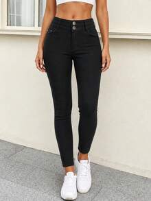 Apperloth A Pantalones ajustados con bolsillo inclinado en la parte delantera con botones lisos de gran elasticidad - Negro - Ver 7