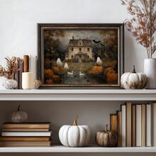 1 pieza Impresión en lienzo de arte de pared de casa embrujada de Halloween sin marco, póster de paisaje primitivo de otoño con calabaza, decoración rústica de granja de otoño para apartamento, sala de estar, dormitorio, dormitorio universitario, regreso a la escuela, pósteres divertidos, decoración vintage, regalo único - Casa embrujada - Ver 3