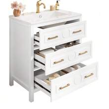 Freestanding Washbasin Measuring 76.5 X 47 X 82 Cm, Fully Lacquered, One-Piece Ceramic Basin, Three Drawers, Silent Extraction System, White Color. - White - View 8