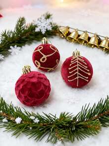 12pcs Burgundy Flocked Christmas Balls, Flocked Christmas Tree Hanging Ornaments, Suitable For Decorating Christmas Tree And Various Holiday Arrangements, Christmas Decorative Balls - Multicolor - View 8