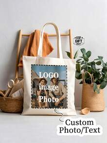 Custom Photo & Text Tote Bag – Personalized, Reusable Shoulder Shopping Bag With Foldable Design (Polyester, Assorted Colors) - Multicolor - View 6