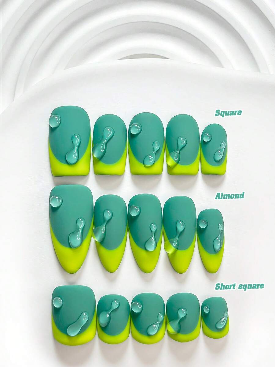 10片裝極簡風手工穿戴甲 Polygel 美甲套組,磨砂質感搭配水滴效果,綠色指甲油,個性風格,附美甲工具,3種尺寸可選:方形、短方形、杏仁形,適合派對、舞蹈、日常配戴 - 彩色 - 查看 1