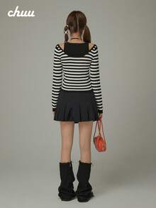 CHUU Women's Off-Shoulder Striped Knit Top, Autumn 2 In 1 Patchwork Design, Youthful Long Sleeve Blouse - Black - View 3