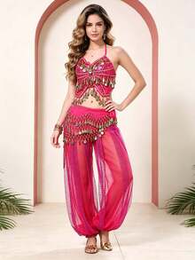 Belly Dance Embroidered Coin Fringe Halter Crop Top With Waist Scarf, Sequin Panel Chiffon Harem Pants For Arabian Themed Party & Stage Performance - Multicolor - View 13