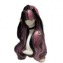Women's Black Pink Highlight Double Ponytail Wig, Flat Bangs Long Wavy Artificial Fiber Full Hair Wig For Y2K Gothic Daily Cosplay Outfit - Only Wigs - View 5