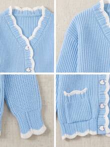 Preppy White Contrast Trim Knit Cardigan, V-Neck Heart Button Patch Pocket Short Jacket, Autumn Thanksgiving Streetwear - Blue - View 11