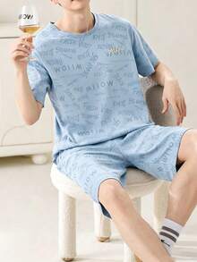 AICJ 男士休閒基礎字母印花圓領短袖T恤上衣＋短褲睡褲家居服兩件套，可外穿，春夏款 - 淺藍色 - 查看 5
