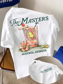 Men The Masters Augusta Georgia Golf Graphic T-Shirt, Front Mini Script Logo Back Cocktail Azalea Golf Ball Tee Peg Watercolor Print - White - View 1