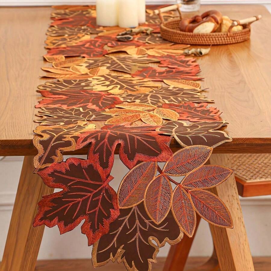Autumn Leaf Table Runner, Non-Polyester Fabric, Thanksgiving Holiday Decoration, Rectangular Autumn Maple Leaf Pattern, Autumn Decor, Christmas Decor, Halloween Decor - Multicolor - View 1