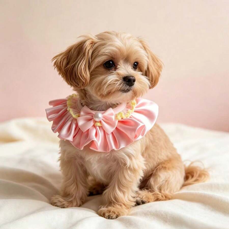 Adjustable Pet Bib Satin Bow Tie Pearl Princess Style Pet Accessories Ruffle Edge Cat Dog Collar, Cat Dog Necklace, Cat Dog Bow Tie Scarf - Pink - View 1