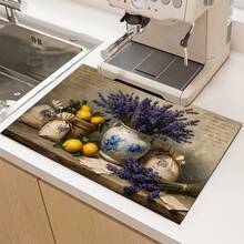 Lavender Floral Print Drainage Mat/Absorbent Mat/Drying Mat For Coffee Machine & Tableware - Absorbent Polyester Tabletop Protector With Rubber Non-Slip Backing, Kitchen Countertop Decor - Home Bar & Dining Table Placemat - Multicolor - View 5