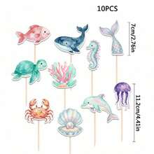 10 ou 30 décorations de cupcakes en forme d'animaux marins, comprenant tortue de mer, requin, hippocampe, queue de sirène, dauphin, coquillage, crabe, méduse, corail et autres thèmes sous-marins pour fête de baptême, fête d'anniversaire, fête de révélation de genre, décorations de gâteau - Multicolore - Voir 9