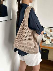 Casual Versatile Crochet Knit Large Capacity Shoulder Bag - Apricot - View 7