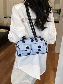 韓系小眾設計波士頓保齡球肩背包腋下包 多口袋大容量手提包 - 藍色 - 查看 3