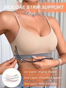 1pc Nude Contrast Color Ribbed Hem U-Neck Adjustable Spaghetti Strap Wireless Bra, Built-In Flexible Silicone Strip 3D Support, 3-Layer Skin-Friendly High Elastic Detachable Padded Cups, Soft High Elastic Vertical Ribbed Breathable Knit Fabric, Wide Back Coverage To Prevent Side Spill, Wireless All-Day Comfort Fit; Suitable For Daily Commute, Yoga, Home Sleep, Summer Layering - Apricot - View 4